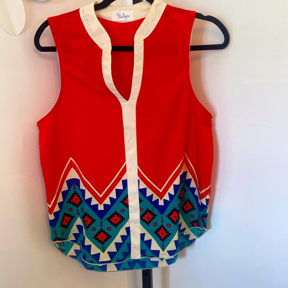 BlueTique Red Orange Blue Sleeveless Silky Shirt V Neck Sz Medium